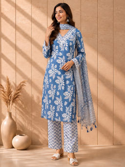 AADVIKA - Blue Floral Pure Cotton Kurta and Pant with Dupatta