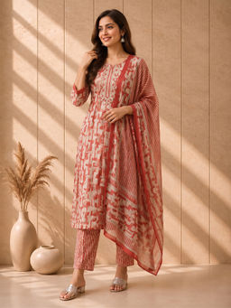 AADVIKA - Red Printed Cotton Blend Kurta and Pant with Dupatta