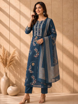 AADVIKA - Blue Floral Cotton Blend Kurta and Pant with Dupatta