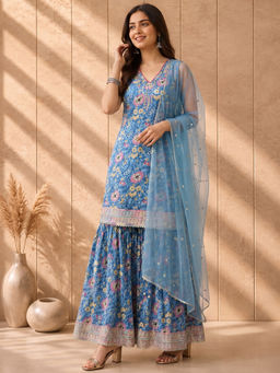 AADVIKA - Blue Floral Cotton Blend Kurta and Sharara with Dupatta