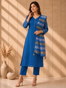 AADVIKA - Blue Solid Cotton Blend Kurta and Pant with Dupatta