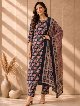 AADVIKA - Navy Blue Floral Cotton Blend Kurta and Pant with Dupatta