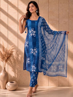AADVIKA - Blue Floral Cotton Blend Kurta and Pant with Dupatta