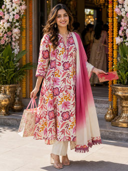 BERRYLICIOUS - Pink Printed Cotton Kurta and Pant with Dupatta