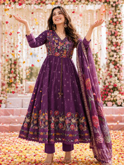 BERRYLICIOUS - Purple Floral Chanderi Anarkali Kurta and Pant with Dupatta