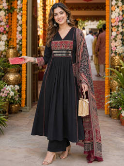 BERRYLICIOUS - Black Printed Cotton Kurta and Palazzo with Dupatta