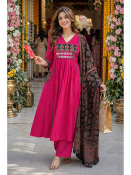 BERRYLICIOUS - Pink Printed Cotton Kurta and Palazzo with Dupatta
