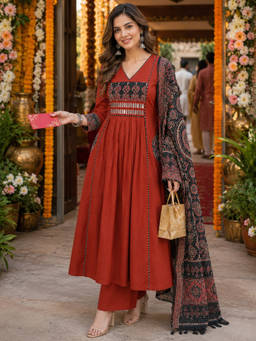 BERRYLICIOUS - Rust Printed Cotton Kurta and Palazzo with Dupatta