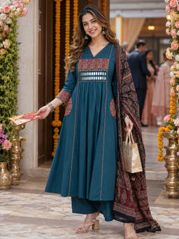 BERRYLICIOUS - Teal Printed Cotton Kurta and Palazzo with Dupatta