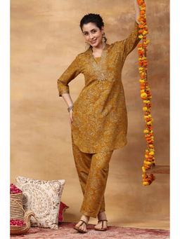 Rangriti - Yellow Floral Viscose Blend Kurta and Pant