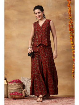 Rangriti - Red Floral Viscose Blend Top and Palazzo