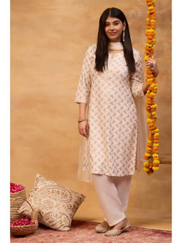 Rangriti - White Printed Rayon Kurta and Pant with Dupatta
