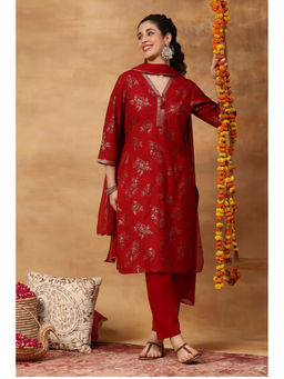 Rangriti - Red Floral Rayon Kurta and Pant with Dupatta