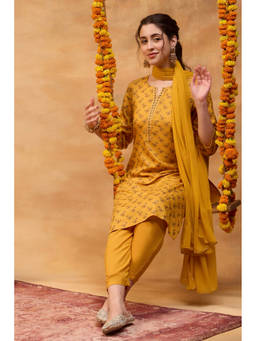 Rangriti - Yellow Printed Rayon Kurta and Pant with Dupatta
