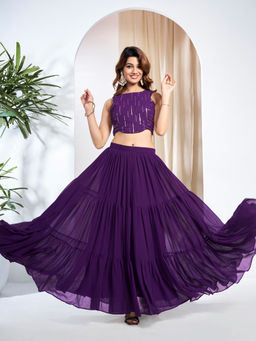 INDDUS - Purple Embroidered Georgette Top and Skirt