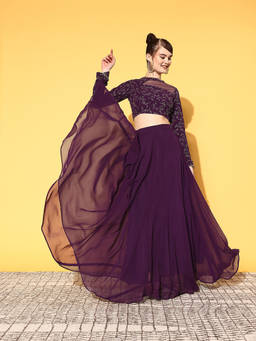 INDDUS - Purple Floral Georgette Top and Skirt