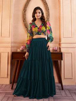 INDDUS - Green Floral Organza Top and Skirt