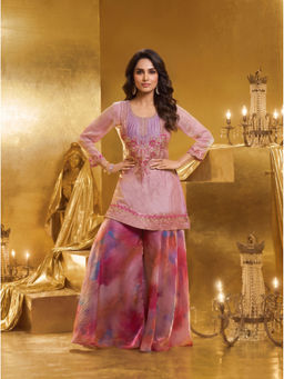 INDDUS - Pink Floral Organza Kurta and Palazzo