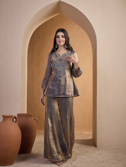 INDDUS - Gold Embroidered Organza Kurta and Palazzo