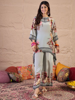 INDDUS - Blue Floral Natural Crepe Kurta and Palazzo