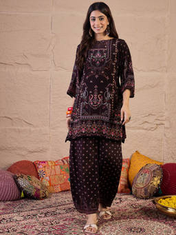 INDDUS - Brown Printed Natural Crepe Kurta and Palazzo