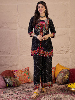 INDDUS - Black Printed Natural Crepe Kurta and Palazzo