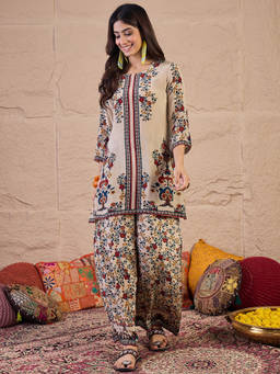 INDDUS - Beige Floral Natural Crepe Kurta and Palazzo