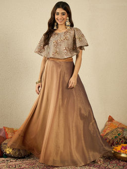 INDDUS - Gold Floral Silk Blend Cami Top with Cape and Lehenga
