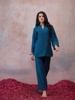 INDDUS - Teal Solid Silk Blend Kurta and Palazzo