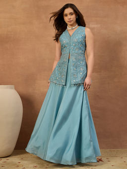 INDDUS - Blue Floral Organza Kurta and Skirt