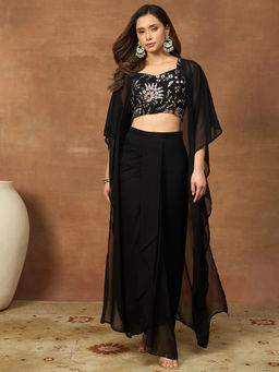 INDDUS - Black Floral Georgette Top with Jacket and Skirt
