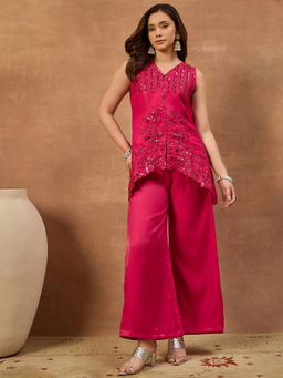 INDDUS - Pink Floral Silk Blend Kurta and Palazzo