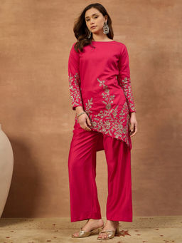 INDDUS - Red Floral Cotton Blend Kurta and Palazzo
