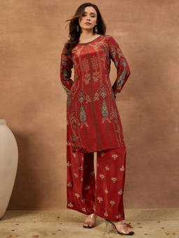 INDDUS - Red Floral Natural Crepe Kurta and Palazzo