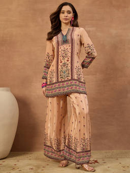 INDDUS - Peach Floral Natural Crepe Kurta and Palazzo