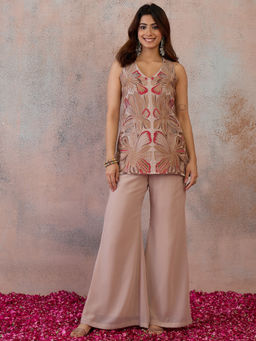 INDDUS - Beige Embroidered Georgette Kurta and Palazzo