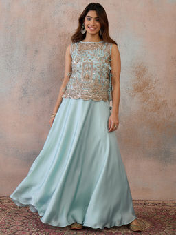 INDDUS - Turquoise Embroidered Net Blouse with Cami Top and Skirt