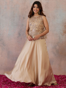 INDDUS - Beige Embroidered Net Blouse with Cami Top and Skirt