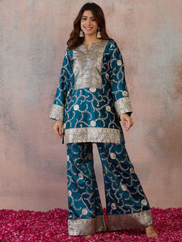 INDDUS - Teal Woven Jacquard Kurta and Palazzo