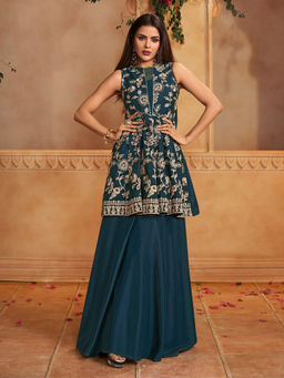 INDDUS - Teal Floral Organza Kurta and Palazzo