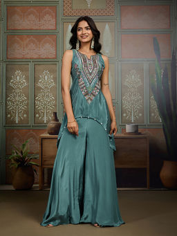 INDDUS - Green Embroidered Natural Crepe Kurta and Palazzo