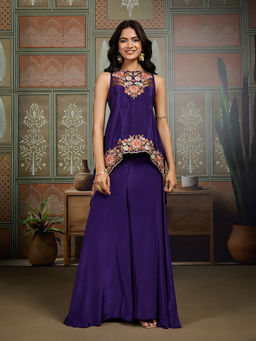 INDDUS - Purple Floral Natural Crepe Kurta and Palazzo