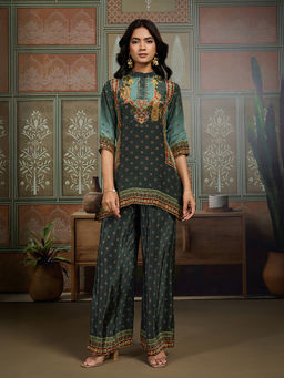 INDDUS - Green Floral Natural Crepe Kurta and Palazzo