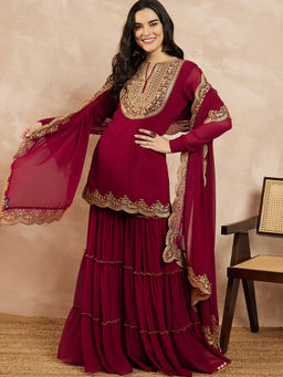 INDDUS - Maroon Floral Georgette Kurta and Sharara with Dupatta