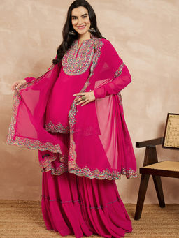 INDDUS - Pink Floral Georgette Kurta and Sharara with Dupatta