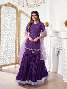 INDDUS - Purple Embroidered Georgette Kurta and Sharara with Dupatta