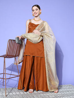 INDDUS - Rust Embroidered Silk Blend Kurta and Palazzo with Dupatta