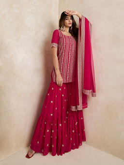 INDDUS - Magenta Embroidered Georgette Kurta and Sharara with Dupatta