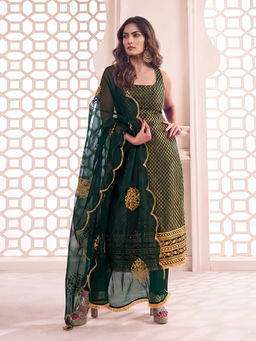 INDDUS - Green Woven Silk Blend Kurta and Pant with Dupatta
