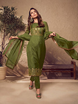 INDDUS - Green Floral Organza Kurta and Pant with Dupatta